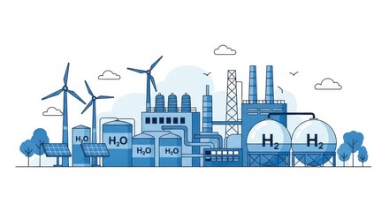 Obraz premium Green hydrogen production plant with renewable energy sources illustration