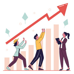 Vector art of business team working together to increase company profits, with a woman holding a clipboard, vector illustration of successful teamwork
