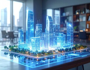 Futuristic Holographic Cityscape on Glass Desk