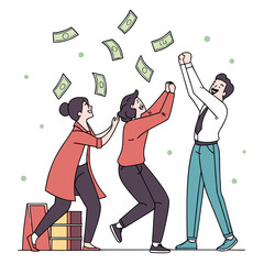 Vector art of cheerful colleagues celebrating financial success with money falling from above happy team rejoicing over business achievement and wealth gain