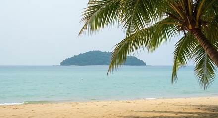 Obraz premium Tropical beach with palm fronds and distant island in turquoise sea palm tree ocean