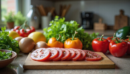 Freshly sliced tomatoes on a wooden cutting board surrounded by colorful vegetables in a kitchen