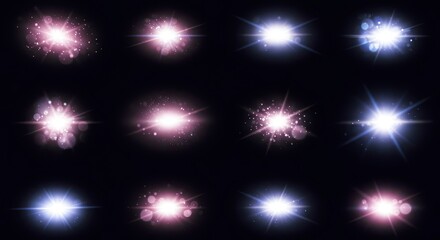 Collection of various glowing light effects with different shades of pink and blue, set against a dark background.