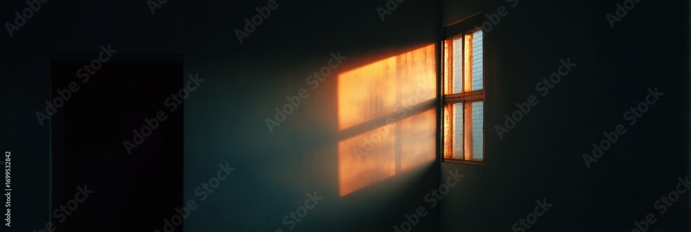 Poster golden sunlight streams through a window in a dimly lit room creating a warm atmosphere in the early