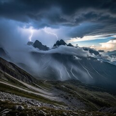 Fototapeta premium Epic mountain range under dark thunderstorm sky with lightning strike