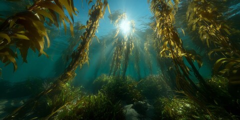 Underwater kelp forest exploration ocean depths hdr panoramic view sunlit environment marine life concept