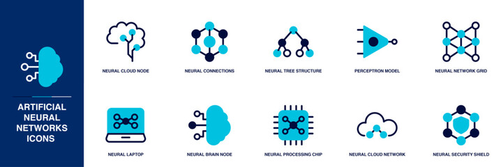 Artificial Neural Networks Building Blue Colored Outline Icon Set