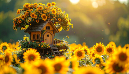 Enchanting miniature house on a tree in a vibrant sunflower field at sunset Keywords: sunflower, field, nature