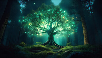 Enchanted glowing tree with luminous lights in a dark mystical forest magical