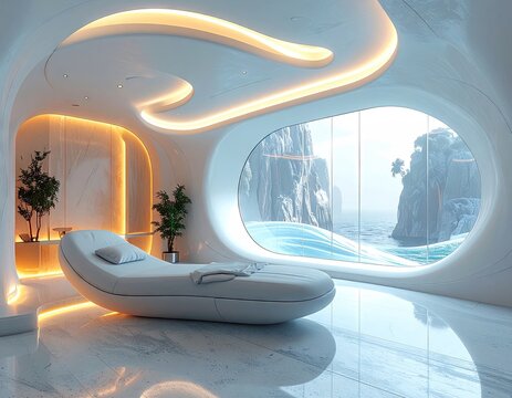 Futuristic Relaxation Room with Ocean View