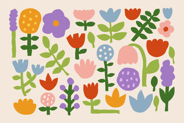 Colorful floral set with abstract flowers and leaves in flat hand drawn style. Flower market decorative botanical collection with bright spring and summer garden plants. Vector illustration.