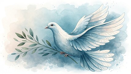soft watercolor painting of white dove in flight, carrying an olive branch for websites and blogs related to peace,faith,environment,or spiritual and commemorative events