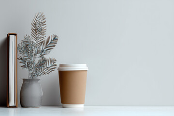 book, vase with decorative spruce branch and cup of coffee on light background with copy space
