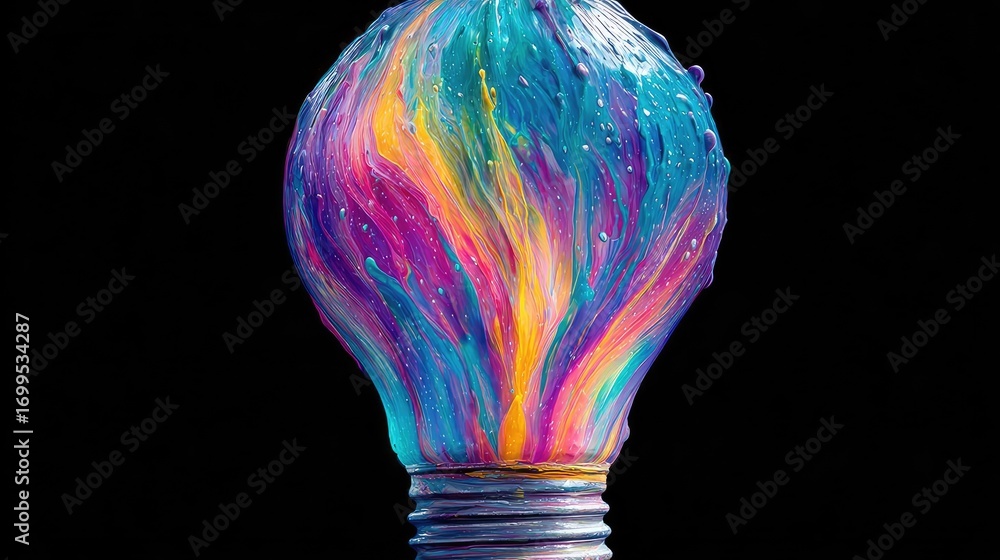 Poster creative light bulb explodes with colorful paint concept. a colorful light bulb with vibrant swirls 