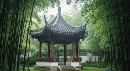 Ancient pavilion under cover of bamboo forest