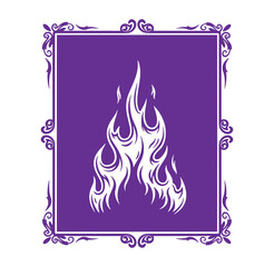Elegant purple framed artwork depicting stylized white flames burning brightly with ornate borders