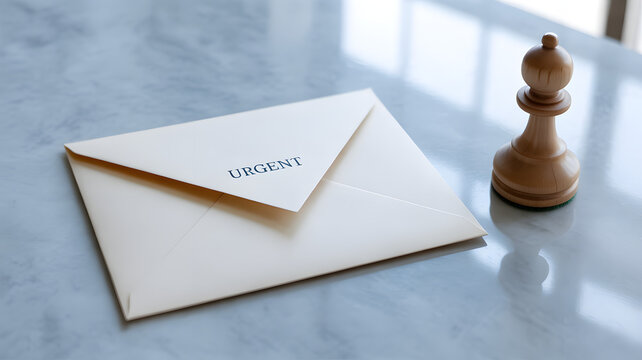 Urgent Delivery: A close-up shot reveals an urgent mail envelope juxtaposed with a chess piece, symbolizing critical decisions and immediate attention on a polished surface.