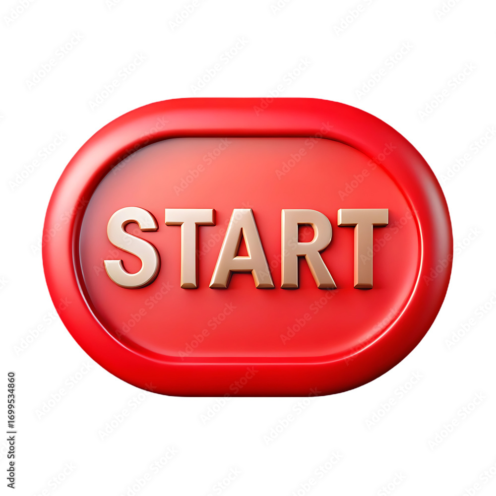 Poster round red start button with golden text isolated for gaming and technology concepts transparent back