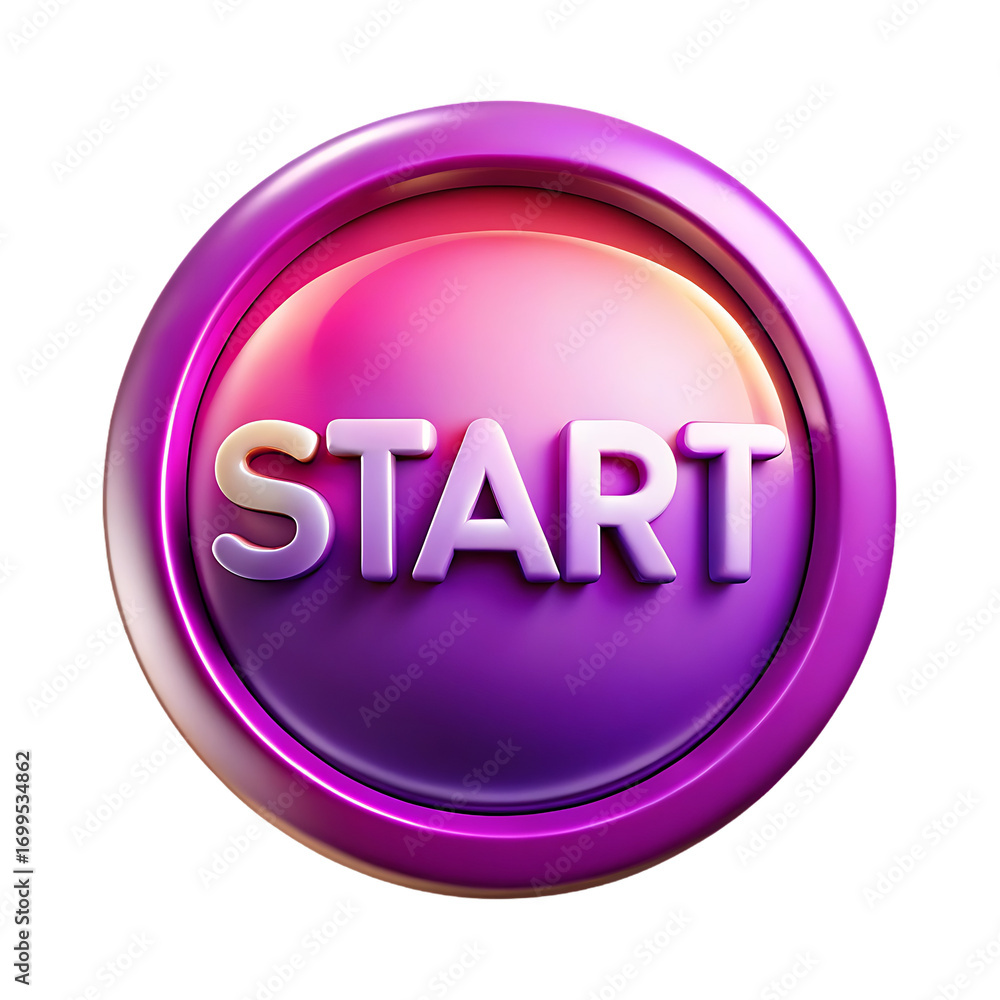Aufkleber glossy purple start button with gradient glow and 3d text for game or app interface transparent back