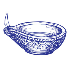 Hand drawn illustration of a traditional indian diya lamp with an artistic detailed design