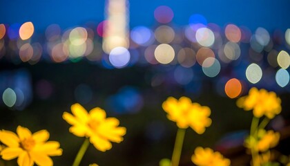 Night city bokeh with wildflowers