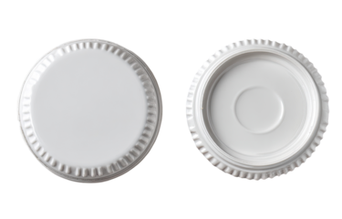 Two close-up, top-down views of identical, white, circular lids.  One lid is whole, the other is open, showing a recessed center.  Both lids have a textured, ridged outer edge