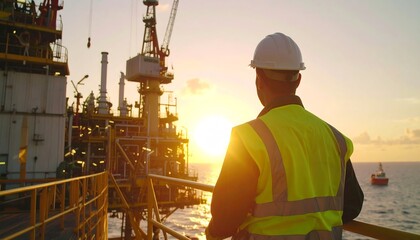 Oil rig worker at sunset