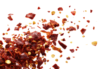 Crushed chili peppers exploding, vibrant red and orange fragments