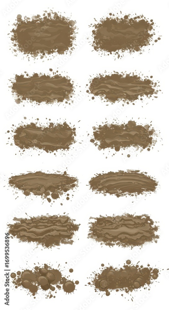 Poster a collection of textured mud splatters in various shapes and forms, showcasing a range of shades of 