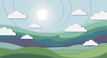 Fototapeta premium Paper Cutout Landscape with Clouds and Sun