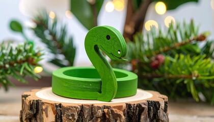 A vibrant green wooden snake, perched on a wooden slice, framed by festive evergreen branches and soft bokeh lights