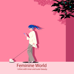 犬と散歩しながらスマホをみる可愛い女性