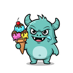 Cartoon monster holding a triple scoop ice cream cone.