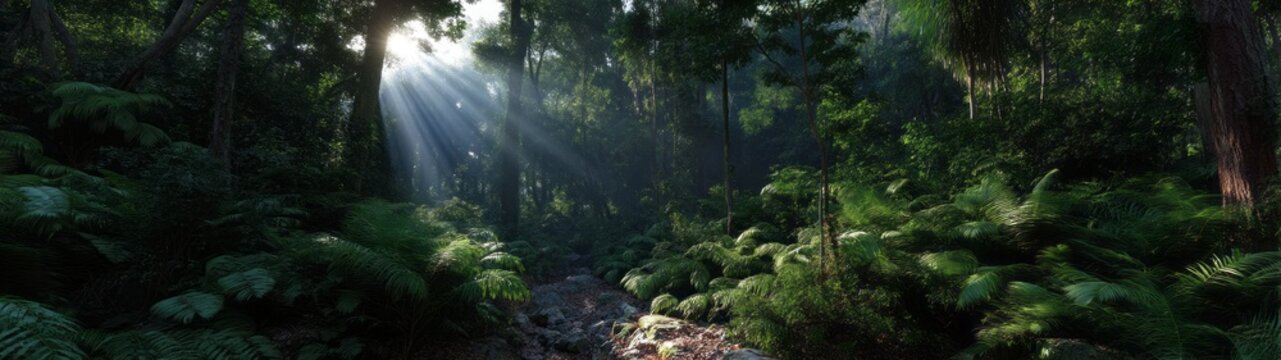 Dramatic sunlight filtering through lush greenery forest hdr panoramic view tranquil nature scene