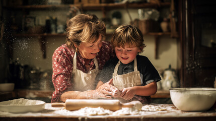 Grandmother baking cookies with grandson, messy kitchen table with flour, storytelling moment.