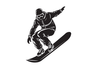 Fototapeta premium Snowboarder silhouette in action wearing helmet and goggles, dynamic winter sport movement vector illustration.