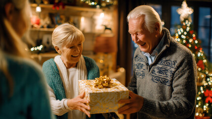 Elderly parents receiving gift from adult children, festive and emotional Christmas atmosphere.