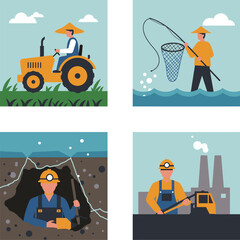 Farmer driving tractor fisherman with net miner in mine worker at factory.