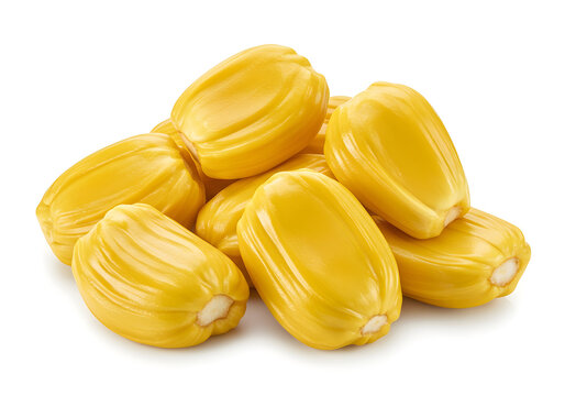 Close-up of a pile of fresh yellow jackfruit segments on a white background, ready to eat and enjoy, a tropical delight for health-conscious foodies.