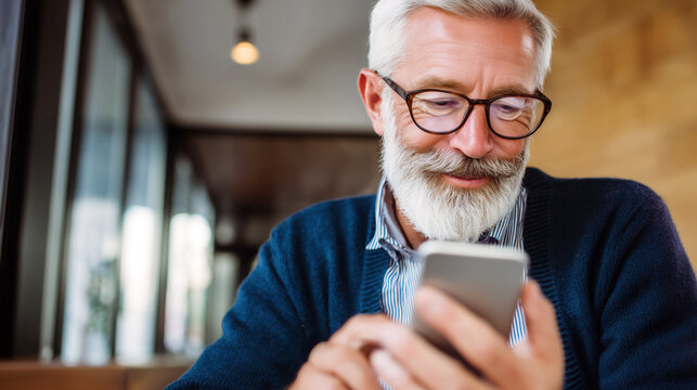 Senior man using smartphone banking app, modern digital finance, home background.