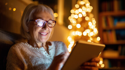 Elderly woman smiling while video calling on tablet, warm home lighting. Christmas decorating atmosphere.
