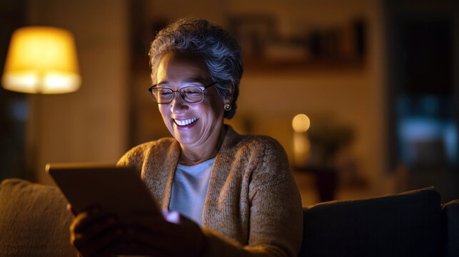 Elderly woman smiling while video calling on tablet, warm home lighting.
