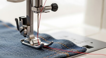 Crafting with a sewing machine, a detailed close-up view of a needle stitching a seam on sturdy denim fabric with red thread