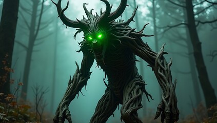 Twisted wooden demon with horns made of tree branches, glowing green eyes, standing in dark enchanted forest, fantasy horror style.
