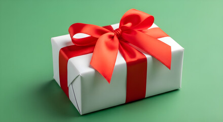 Obraz premium White Gift Box with Red Ribbon on Green Background | Present for Christmas, Birthday, or Special Occasion Marketing