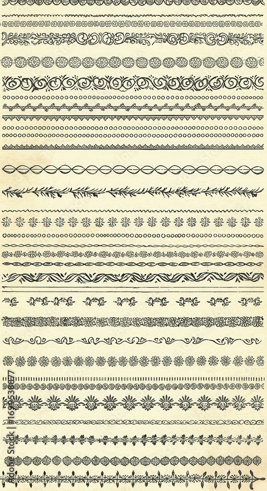Poster collection of decorative borders in various intricate patterns, displayed on a textured light beige 