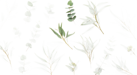 Whisked multiple transparent eucalyptus leaves gently float, forming an airy and delicate botanical pattern on a pristine white background, perfect for serene natural compositions
