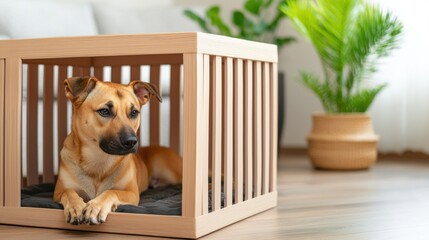 Calm Dog Resting Inside Modern Wooden Crate in Bright Indoor Space with Green Plants and Natural Light