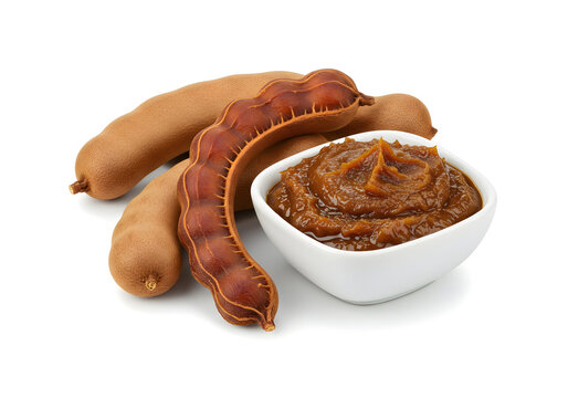 Delicious tamarind paste presented in a bowl alongside the fresh fruit pods, an exotic ingredient used in various cuisines across the world on a bright background.