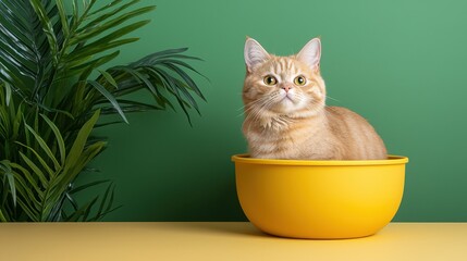 Cute ginger cat sitting in a vibrant yellow bowl against a green backdrop with lush palm leaves and colorful surface